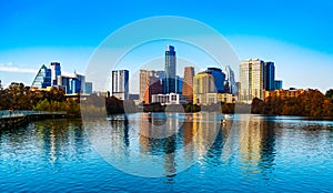 Austin Texas Reflections of a Blue Town Lake and Sunset Skyline at the Pedestrian Bridge on a gorgeous clear sky sunny afternoon