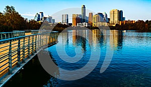 Austin Texas Reflections of a Blue Town Lake and Sunset Skyline photo