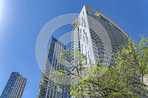 Austin Texas skyline with apartments rising against blue sky on a sunny day