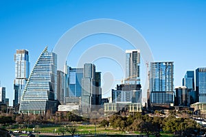 Austin Texas skyline during the day with modern buildings.