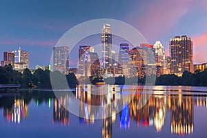 Austin, Texas, USA downtown skyline over the Colorado River