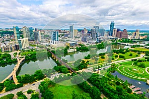 Austin , Texas , USA green nature meets city aerial drone view above modern downtown skyline cityscape architecture and patterns