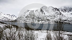 Austnesfjorden viewpoint in the Lofoten in winter in Norway