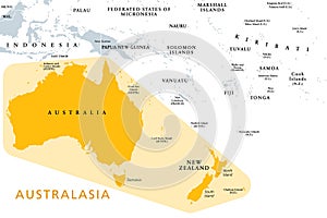 Australasia, Australia and New Zealand, subregion of Oceania, political map