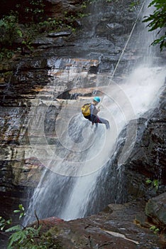 Australia: Blue Mountains man waterfall rapelling