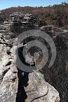 Australia bush fire: rocks burnt trees