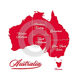 Australia continent country map illustration with state name and border