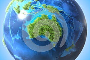 Australia continent covered with green grass on the planet. Sustainable technology related conceptual 3D rendering