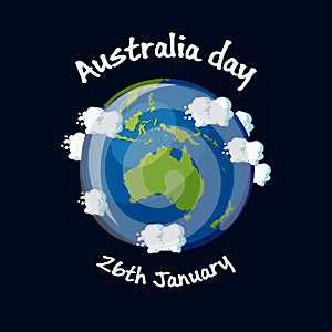 Australia Day, 26th January greeting card with Australia map globe, clouds and text.