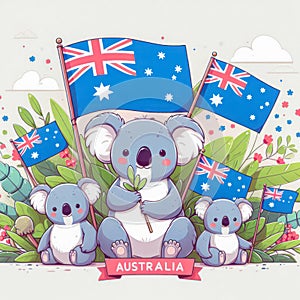 Australia Day celebration, celebrated every year on January 26th, happy koalas and flags