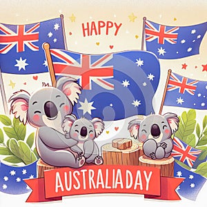 Australia Day celebration, celebrated every year on January 26th, happy koalas and flags