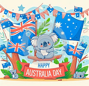 Australia Day celebration, celebrated every year on January 26th, happy koalas and flags