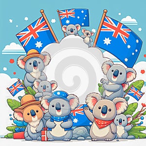 Australia Day celebration, celebrated every year on January 26th, happy koalas and flags