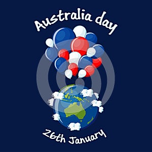 Australia Day greeting card with map globe, bunch of blue, red and white balloons, clouds and text.