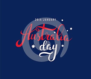 Australia Day handwritten calligraphic text on blue background with stars. 26th January national holiday. - Vector illustration