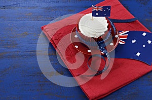 Australia Day, January 26, theme table setting with red, white and blue cupcake