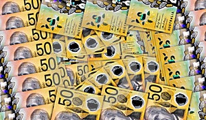 Australia Dollar 50 banknotes in a fan mosaic pattern 3d illustration