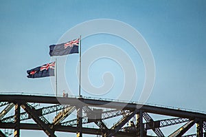 Australia flag above the Sydney Harbour bridge.
