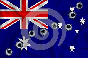 Australia flag Close-up shot on waving background texture with bullet holes. The concept of design solutions. 3d rendering