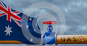 Australia gas, valve on the main gas pipeline Australia, Pipeline with flag Australia, Pipes of gas from Australia, 3D work and 3D