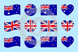Australia, Great Britain, New Zealand flags vector set. Flat isolated icons. Australian, British, New Zealands flags