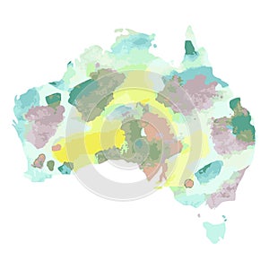 Australia. Hand drawn watercolor colorful map. Green continent.