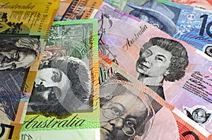 Australia hundred, fifty, twenty, ten and five dollar notes