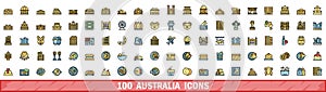 100 australia icons set, color line style