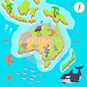 Australia Isometric Map with Flora and Fauna.