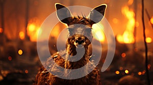 Australia, kangaroo tries to escape the flames. Space for text