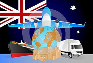 Logistik illustrationen. flagge aus aus der globus ein Flugzeug LKW a Ladung 