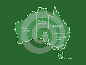 Australia map land area vector with state names on green background
