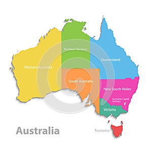 Australia map, new political detailed map, separate individual states, with state names, isolated on white background 3D