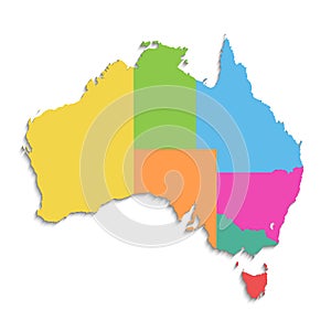 Australia map, new political detailed map, separate individual states, with state names, isolated on white background 3D blank