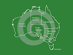 Australia map outline vector with state names on green background