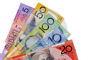 Australia money, various Australian dollar bills isolated on white background