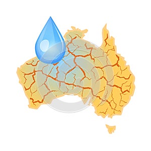 Australia needs water. Water scarcity concept. Drought in Australia and a drop of water. Vector illustration, isolated, white