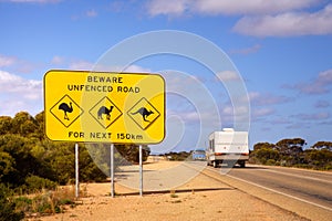 Australia Nullarbor Plain Famous Sign and Caravan