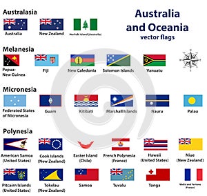 Australia and Oceania include Australasia, Micronesia, Melanesia and Polynesia vector countries flags