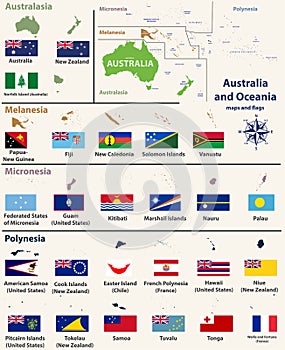 Australia and Oceaniainclude Australasia, Micronesia, Melanesia and Polynesia map with isolated country maps and flags