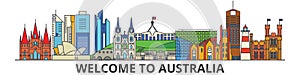 Australia outline skyline, australian flat thin line icons, landmarks, illustrations. Australia cityscape, australian