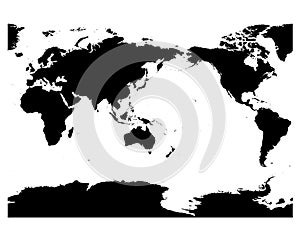 Australia and Pacific Ocean centered world map. High detail black silhouette on white background. Vector illustration