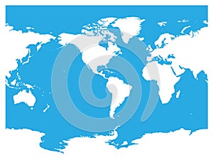 Australia and Pacific Ocean centered world map. High detail white silhouette on blue background. Vector illustration