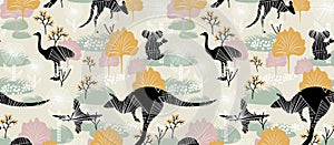 Australia seamless pattern. Australian traditional animal: kangaroo, koala, ostrich, parrot. Safari plant texture in childish