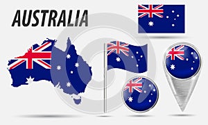 AUSTRALIA. Set flag, map pointer, button, waving flag, symbol, flat icon and map in the colors of the national flag. Vector