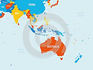 Australia and Southeast Asia map - 4 bright color scheme. High detailed political map of australian and southeastern