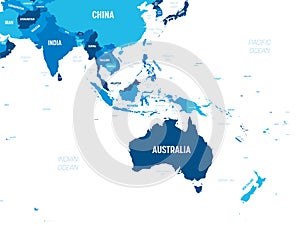 Australia and Southeast Asia map - green hue colored on dark background. High detailed political map of australian and photo