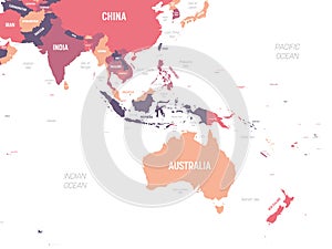 Australia and Southeast Asia map. High detailed political map of australian and southeastern Asia region with country