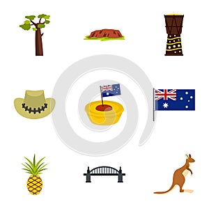 Australia travel icon set, flat style
