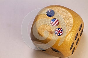 Australia, uk and usa AUKUS alliance countries flags paint over on wooden dice